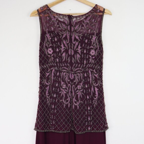 Pisarro Nights Beaded Bodice Mock Two-Piece Gown Maxi Dress Embellished Plum 2 - Picture 9 of 10